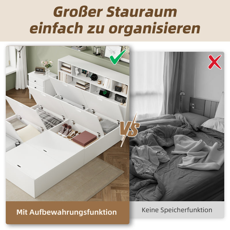 Stauraumbett 140*200cm, Doppelbett,Funktionsbett,Massivholzbett, mit USB-Anschluss, mit Aufbewahrungsbox unter dem Bett, mit Stauraum, ohne Matratze, weiß