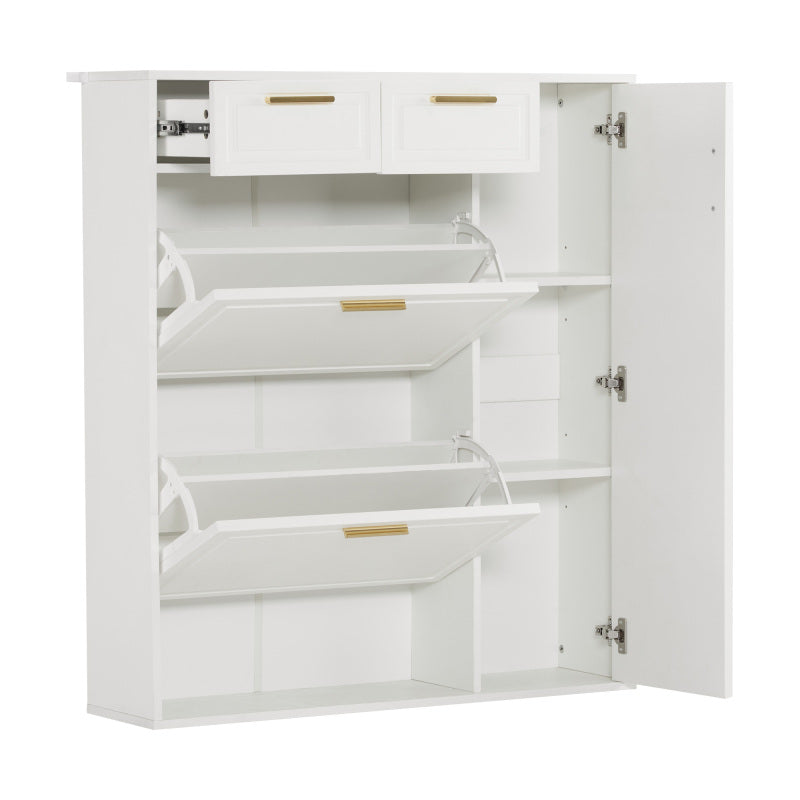 Moderne Schuhschrank, mit verstellbaren Regalen, goldenen Griffen, Schubladen, Klappschuhschrank und Türen,  weiß, B95/D24/H107.5