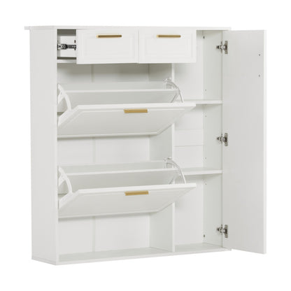 Moderne Schuhschrank, mit verstellbaren Regalen, goldenen Griffen, Schubladen, Klappschuhschrank und Türen,  weiß, B95/D24/H107.5
