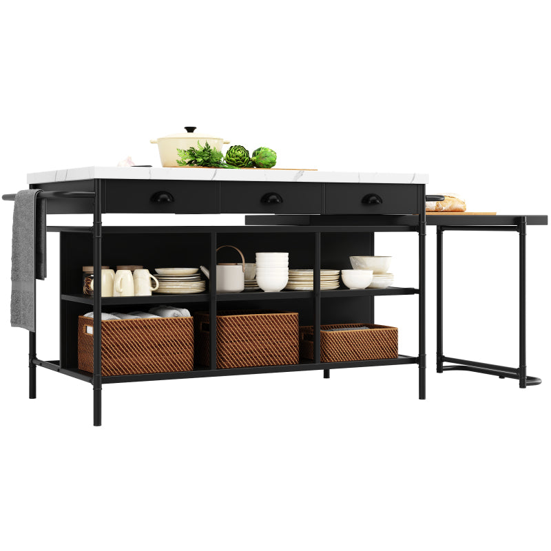 Kücheninseln, Ausziehbare Kunstmarmorplatte Industrial mit 3-Schubladen, Multifunktionales Küchen- und Esszimmer-Möbel, Kücheninsel Küchenregal Küchewagen Sideboard, MDF Arbeitsplatte Küche Regal