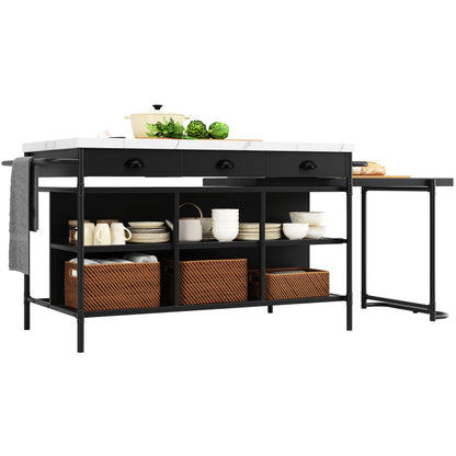 Kücheninseln, Ausziehbare Kunstmarmorplatte Industrial mit 3-Schubladen, Multifunktionales Küchen- und Esszimmer-Möbel, Kücheninsel Küchenregal Küchewagen Sideboard, MDF Arbeitsplatte Küche Regal