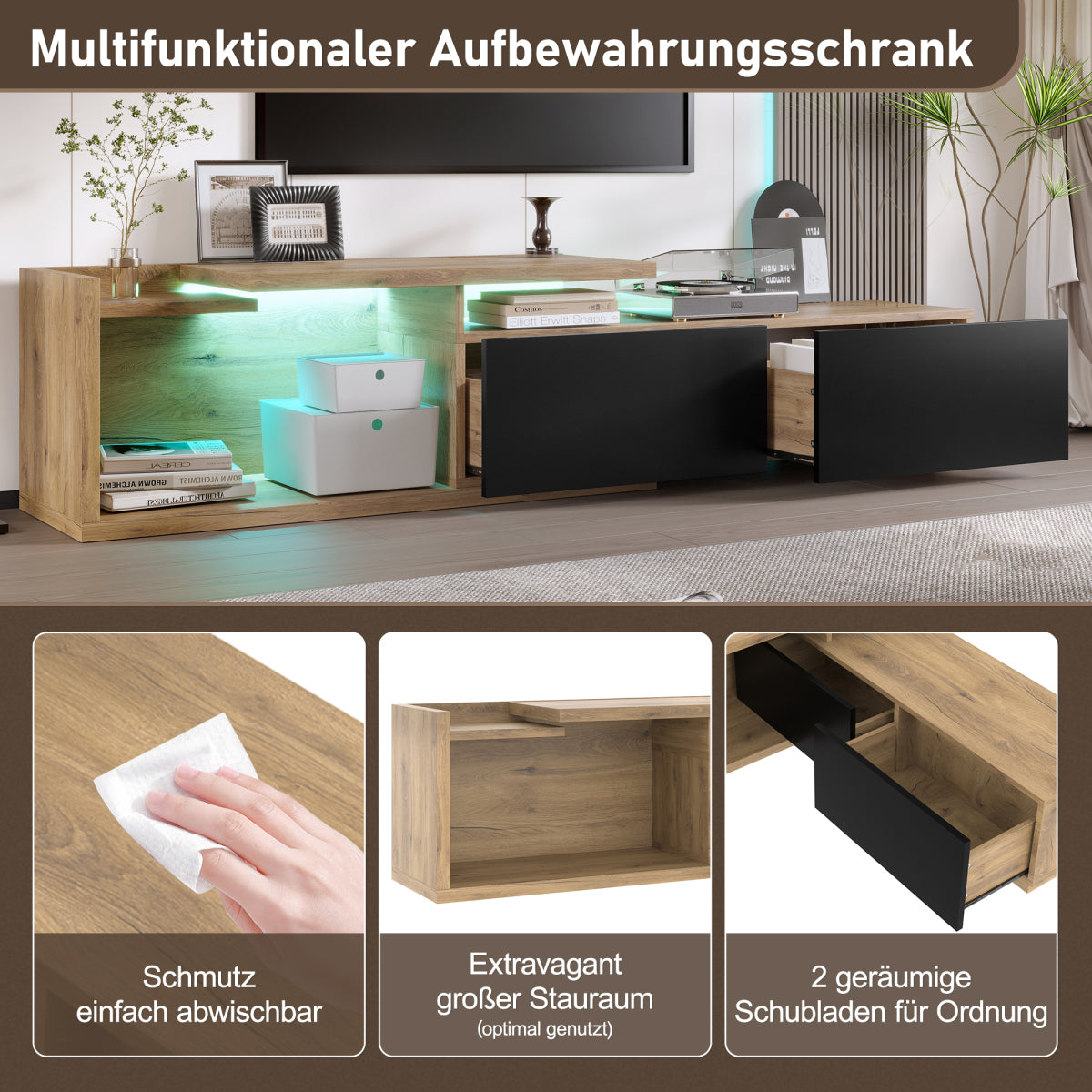 TV-Schrank ausziehbar,  Lowboard Modern mit LED-Beleuchtung