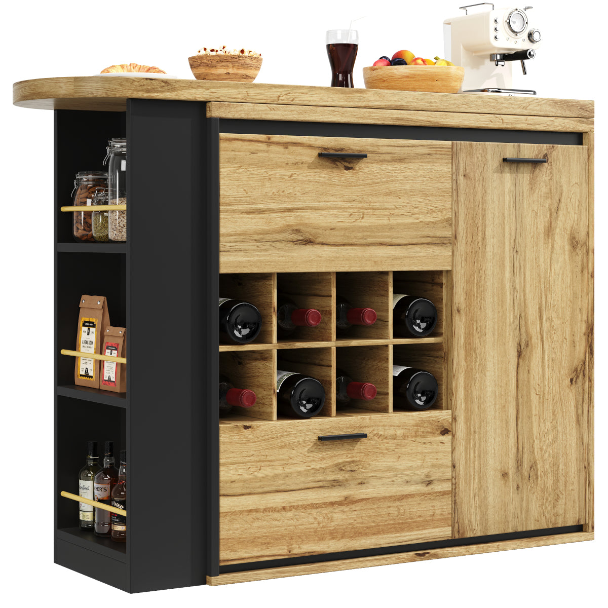 Ausziehbarer Bartisch 138-220cm Küchentisch mit Weinregal & 2 Schubladen, Stehtisch Natur Holzoptik, Multifunktionale Kücheninsel