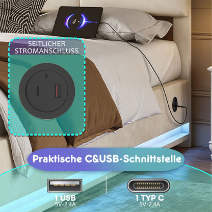 140 x 200cm Bettgestell aus weichem Samt mit USB Type C Ladefunktion und LED Beleuchtung, Hydrauliksystem Stauraum Bettgestell aus Samtmaterial Jugendbett mit Lattenrost, Beige