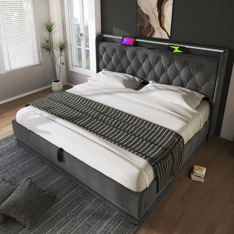 Polsterbett Doppelbett, 360-Surround-LED-Funktion, Drucktaste/App/Fernbedienung,160*200 cm,Grau Leinen-Material Hydraulisches Lagerbett, gepolstertes Kopfteil mit USB Typ-C Ladefunktion(Mit Matratze)
