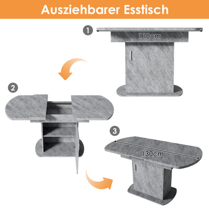 Ausziehbarer ovaler Esstisch, L110/130*W70*H75cm, Betonoptik+silberner Griff