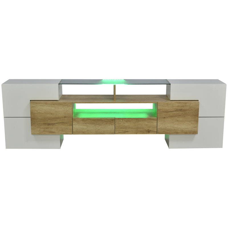 Stilvoller TV-Schrank, Lowboard.hochglänzendes Weiß, 200 cm, LED-Beleuchtung, Wohnzimmermöbel.  modernes Design. elegante Glasoberfläche.