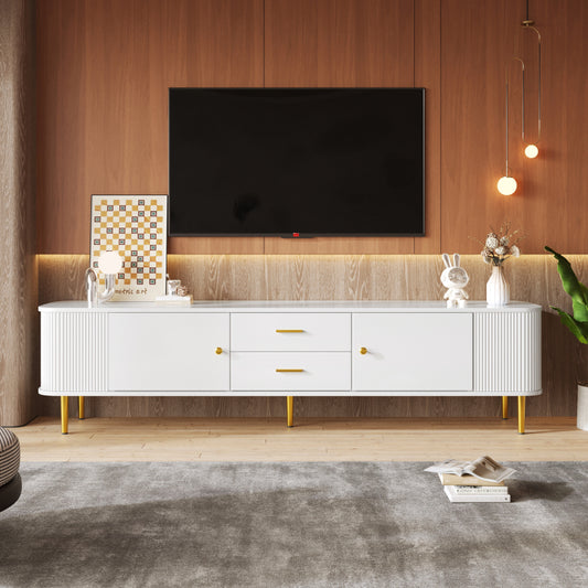 TV-Schrank mit Schubladen, geschwungenen Ecken, Wohnzimmer-TV-Schrank mit gewellten Seiten, goldenen Griffen und Beinen