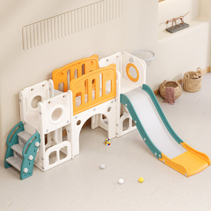 Bären Kinder 6-in-1 Rutsche mit einer Rutsche, zwei Plattformen, zwei Bodenschrankfächern, Basketballkorb und Treppe - Hochdichtes Polyethylen (Ozeanbälle nicht enthalten