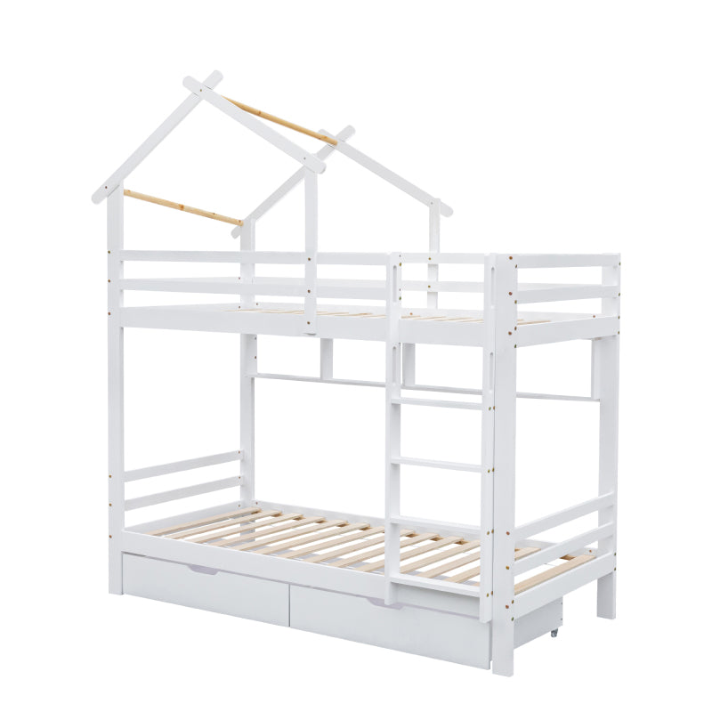 Etagenbett mit Schubladen und Regalen, Hausbett mit dreistufige rechtwinklige Leiter, Kinderbett mit Fallschutz und Gitter, Rahmen aus Kieferholz, Weiß (90x200cm)
