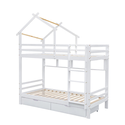 Etagenbett mit Schubladen und Regalen, Hausbett mit dreistufige rechtwinklige Leiter, Kinderbett mit Fallschutz und Gitter, Rahmen aus Kieferholz, Weiß (90x200cm)