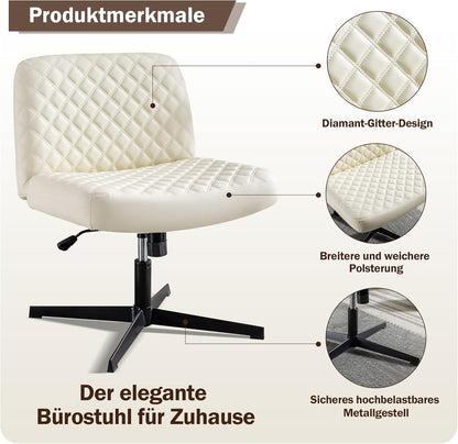 Bürostuhl Ohne Armlehnen,Home Office Stuhl Keine Räder,Heavy Duty Metallbasis,120°Schaukelnder breiter Sitz Ergonomischer Stuhl, Dicken gepolsterte Dreh Eitelkeit Stuhl für Heim und Büro Beige+PU+Metal