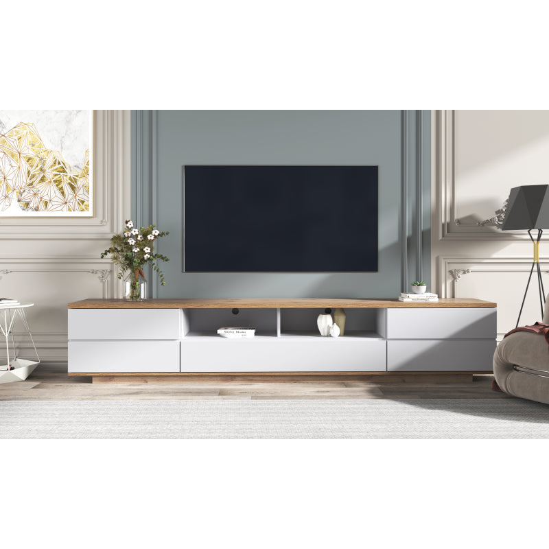Moderner Farbblock-TV-Schrank in weißer Ausführung, TV-Schrank mit Holzmaserung, 180 cm