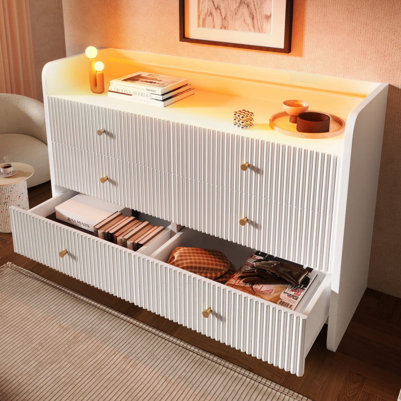 Sideboard, Kommode mit LED-Beleuchtung und 6 Schubladen, Wellenförmiges Rillendesign, Moderner Schrank für Wohnzimmer und Schlafzimmer, 120x40x75cm, Weiß
