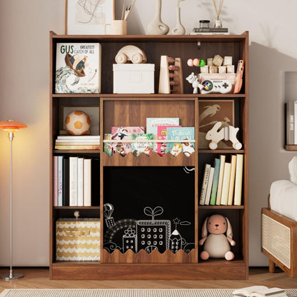 Bücherregal mit Tafel, Schiebetüren & Bilderbuch Ablage, Offenes 9-Fach Regal mit großem Stauraum, 120x38.5x151.5 cm, Nussbaumfarben