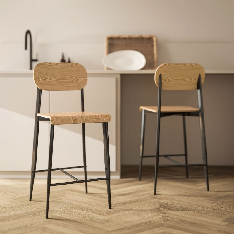 Barhocker 2er Set, Barstuhl mit Fußstütze, Metallgestell, Industrie-Design Naturholz+Schwarz