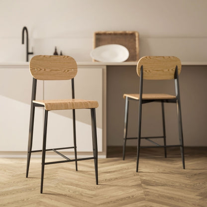 Barhocker 2er Set, Barstuhl mit Fußstütze, Metallgestell, Industrie-Design Naturholz+Schwarz
