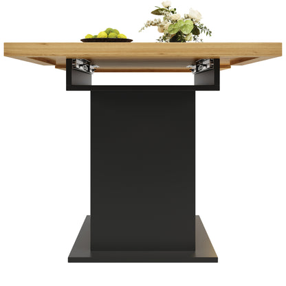 Ausziehbarer Esstisch 110-140x80cm mit LED-App-Steuerung & USB, Küchentisch Schwarz/Natur mit Glas-Schranktüren & Snackregal