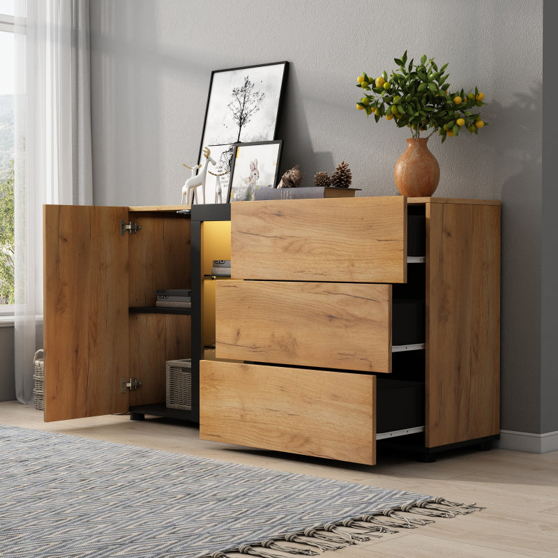 Sideboard, Modernes Anrichte Schrank Buffetschrank Sideboard mit 3 Schubladen,Accent Konsolentisch-Aufbewahrungsschrank mit Glas, Breite 140 cm