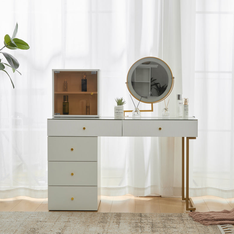 Schminktisch-Set mit LED-beleuchtetem Spiegel, transparenter Tischplatte aus gehärtetem Glas, Schminktisch-Seite und Schrank, elegante Möbel, weiß, Maße: 120 x 45 x 115 cm(ohne Hocker)