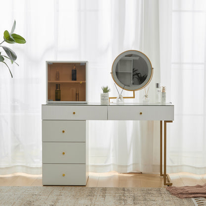 Schminktisch-Set mit LED-beleuchtetem Spiegel, transparenter Tischplatte aus gehärtetem Glas, Schminktisch-Seite und Schrank, elegante Möbel, weiß, Maße: 120 x 45 x 115 cm(ohne Hocker)