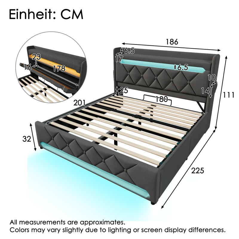 Polsterbett Doppelbett 180*200, Stauraum Kopfteil mit USB und Typ C-Port ,360-Surround-LED-Funktion rund um Kopf- und Fußende des, Betten mit Hydraulisch Stauraum, Grau , Leinen(Ohne Matratze)