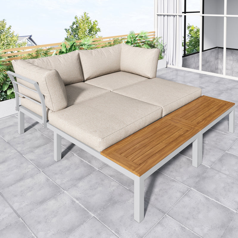 Garten-Loungesessel-Set, Gestell aus verzinktem Stahl, (2x Zweisitzer, 2x Beistelltische, 1x Tisch), Akazienholzplatte, Stoffbezug zur Bespannung der Rückenlehne, beige(previous sku:HW00005AAW)