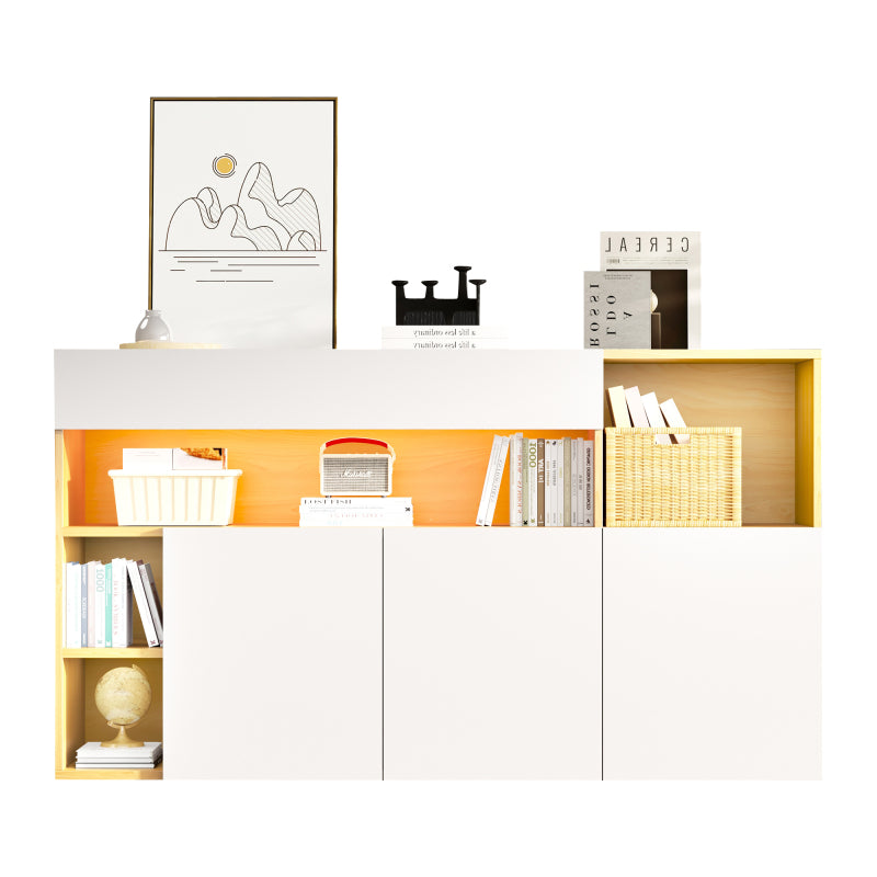 LED Sideboard Breite 140cm, Multifunktionales Sideboard,Kommode, Highboard , Luxuriöses Sideboard für Wohnzimmer, Eckschrank für Flur, Schrank für Schlafzimmer, Weiß und Eiche