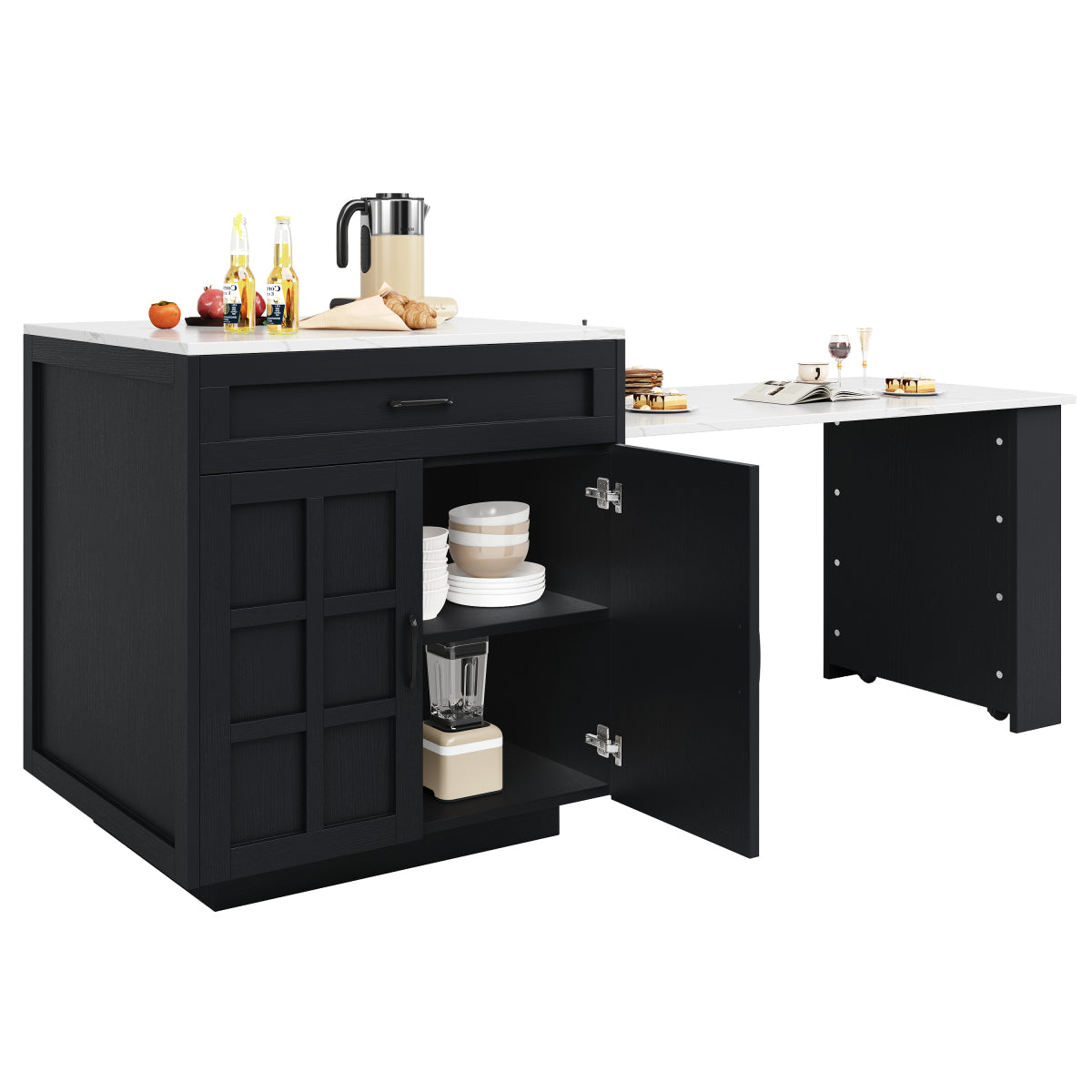 Bartisch ausziehbar 133-202cm, Kücheninsel mit Marmor-Optik & Stauraum, Esstisch für 2-6 Personen, Küchenwagen mit Schubladen & Regalen, Schwarz