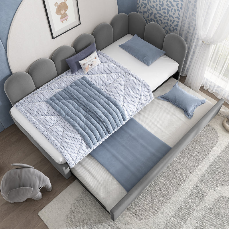 Polsterbett Daybett 90x200cm,Tagesbett Schlafsofa Kinderbett mit Ausziehbett 90x190cm und Lattenrost, Samt, Grau, ohne Matratze