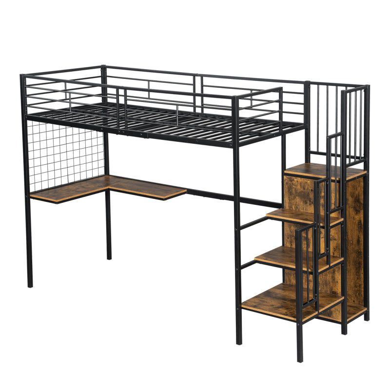 Eisenbett, Etagenbett, Hochbett, Geeignet für Kinder und Jugendliche, mit Tisch und Kleiderschrank, Seitenleiter mit Handlauf, Eisen+Spanplatte, Schwarz+dunkle Holzfarbe, 90x200cm