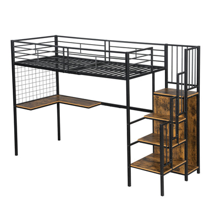 Eisenbett, Etagenbett, Hochbett, Geeignet für Kinder und Jugendliche, mit Tisch und Kleiderschrank, Seitenleiter mit Handlauf, Eisen+Spanplatte, Schwarz+dunkle Holzfarbe, 90x200cm