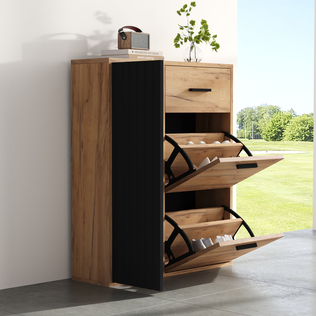 Schuhschrank Schwarz/Natur 80x24x95,5 cm mit 2 Klappen, 1 Tür & Schublade, verstellbare Regale, moderne Griffe