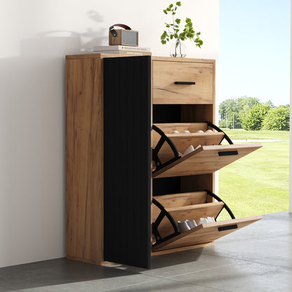 Schuhschrank Schwarz/Natur 80x24x95,5 cm mit 2 Klappen, 1 Tür & Schublade, verstellbare Regale, moderne Griffe