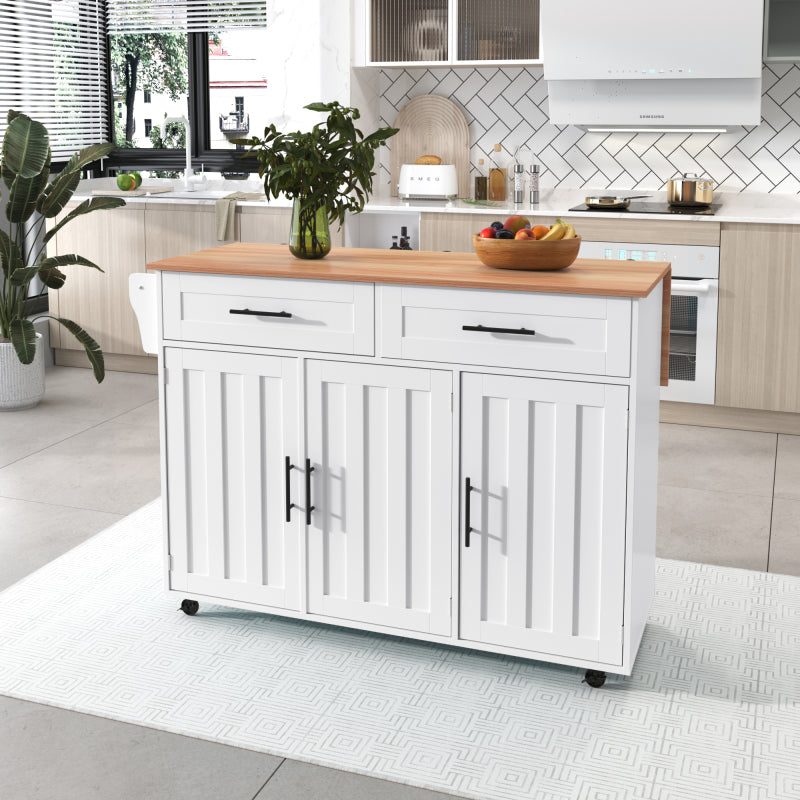 129x46(71)x91,5 cm großer Speisewagen/Sideboard, Arbeitsplatte mit Massivholzmaserung + Weiß Schrank/faltbare Arbeitsplatte/Aufbewahrungstür-Design/Räder/Massivholzfüße umschaltbar/für Zuhause geeig