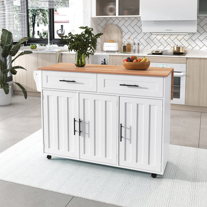 129x46(71)x91,5 cm großer Speisewagen/Sideboard, Arbeitsplatte mit Massivholzmaserung + Weiß Schrank/faltbare Arbeitsplatte/Aufbewahrungstür-Design/Räder/Massivholzfüße umschaltbar/für Zuhause geeig