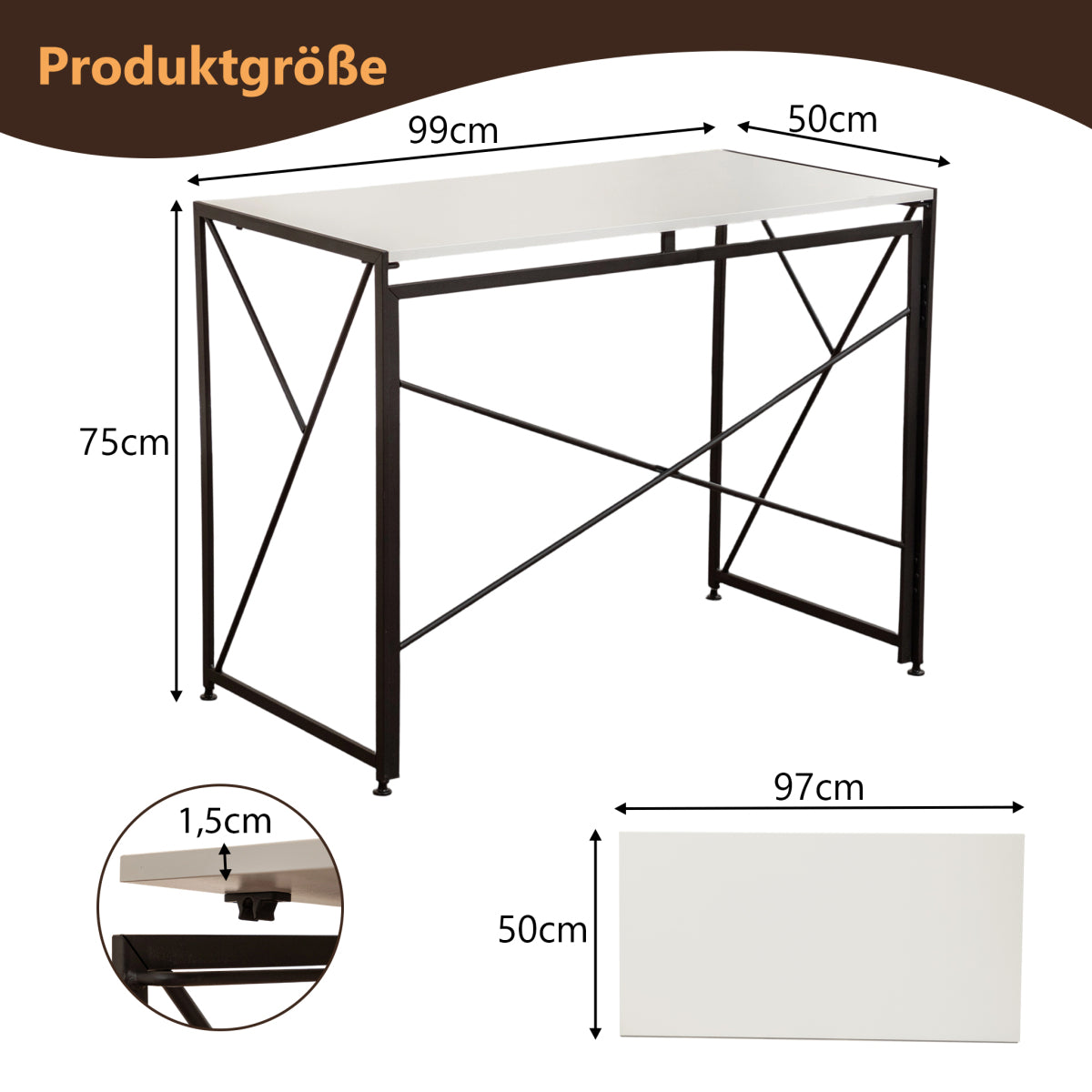 Klappbarer Schreibtisch 99x50cm – Computertisch Faltbar & Platzsparend in 8 Sek. Montiert, MDF Holzoptik für Home Office & Büro, Weiß