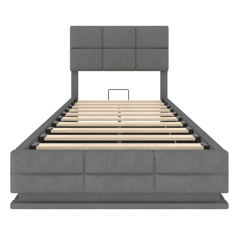 90x200 cm Modernes Velours-Polsterbett mit höhenverstellbarem Kopfteil - Inkl. USB/Type-C-Anschlüssen, LED-Ambientebeleuchtung, hydraulischem Lift-System & XXL-Stauraum (ohne Matratze) - Gray