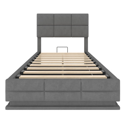 90x200 cm Modernes Velours-Polsterbett mit höhenverstellbarem Kopfteil - Inkl. USB/Type-C-Anschlüssen, LED-Ambientebeleuchtung, hydraulischem Lift-System & XXL-Stauraum (ohne Matratze) - Gray