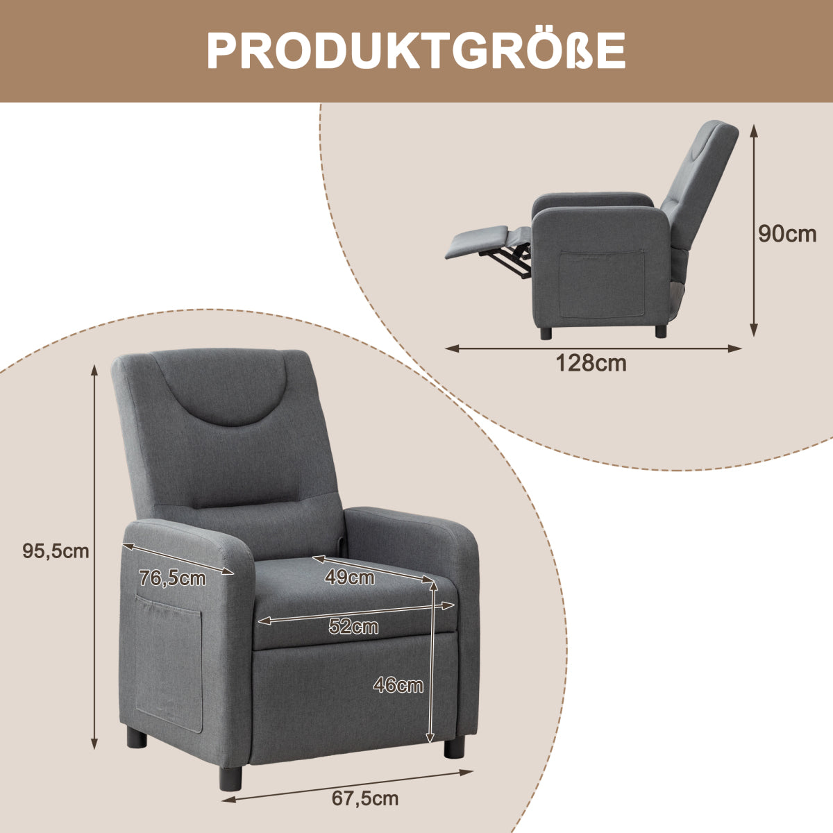 Relaxsessel Fernsehsessel Ruhesessel Liegesessel mit Liegefunktion Verstellbar Dunkelgrau