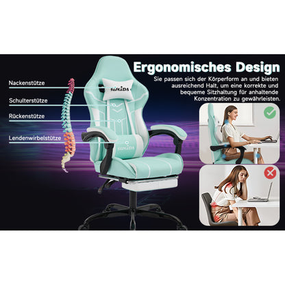 Gaming Stuhl Computerstuhl Ergonomischer Gaming Chair mit Fußstütze Bürostuhl Ergonomischer Computerstuhl mit Lendenwirbelstütze, Mintgrün