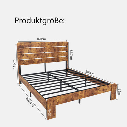 Holz Doppelbett, antikes Holz Bettgestell mit Eisen Lattenrost und hohem Kopfteil, mit Eisenrohrrahmen 160 x 200 cm