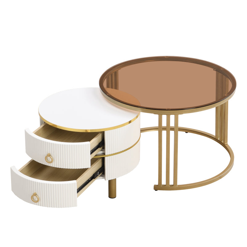 2-in-1 runder Couchtisch aus MDF, Beistelltisch mit 1 weißen Platte und 1 braunen Platte aus gehärtetem Glas, Couchtischkombination mit 2 Schubladen für das Wohnzimmer, 70*70*45 + 50*50*40 cm