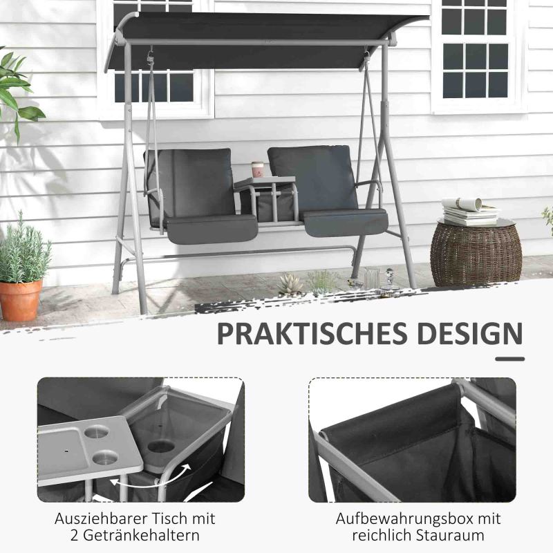 Hollywoodschaukel 2-Sitzer Schaukelbank mit Baldachin, Tasche, Gartenschaukel mit Tablett, bis 180 kg Belastbar, für Garten, Balkon, Schwarz