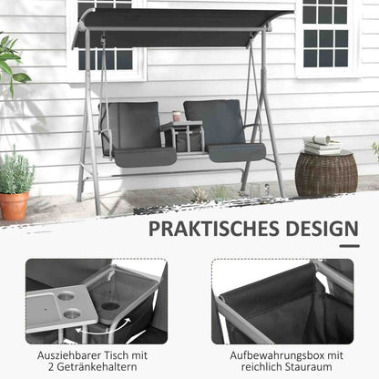 Hollywoodschaukel 2-Sitzer Schaukelbank mit Baldachin, Tasche, Gartenschaukel mit Tablett, bis 180 kg Belastbar, für Garten, Balkon, Schwarz