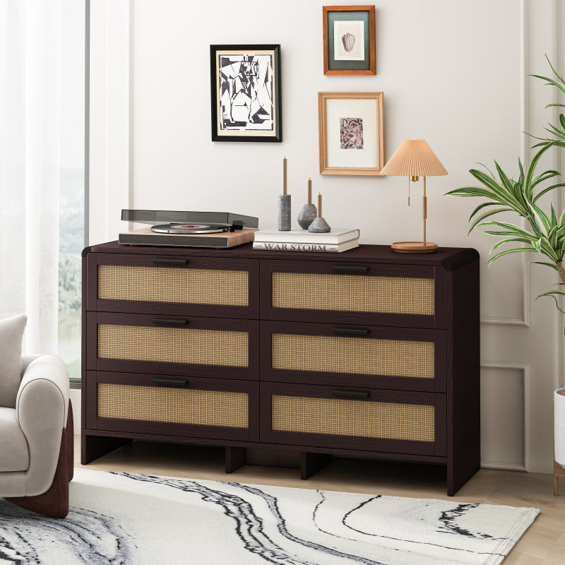 130CM Arc Shaped Corner Rattan Cabinet, 6-Drawers Rattan Storage Cabinet Rattan Drawer, for Living Room Bedroom,and Kitchen, Reddish-brown, Brown