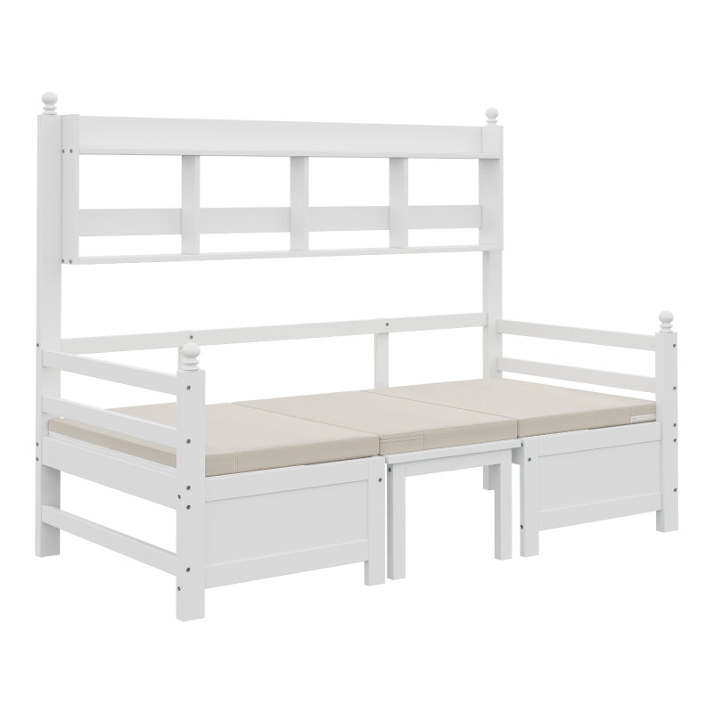 Multifunktionales Massivholz Schlafsofa 200x90 cm, 2-in-1 Bett und Schreibtisch, Frei Umbaubar, Mit Bücherregal Zur Aufbewahrung, Mit Bequemen Kissen, Gästebett Einzelholzbett, Weiß