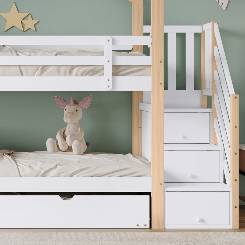 Etagenbett, Ausziehbares Baumhausbett, Schiebebett, Treppe mit 3 Schubladen, Kinderbett mit Absturzsicherung und Kinderbettgitter, mit Lattenroste, Natur+Weiß (90x200cm&90x190cm) [30813567NAA]