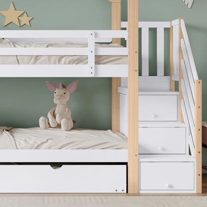 Etagenbett, Ausziehbares Baumhausbett, Schiebebett, Treppe mit 3 Schubladen, Kinderbett mit Absturzsicherung und Kinderbettgitter, mit Lattenroste, Natur+Weiß (90x200cm&90x190cm) [30813567NAA]