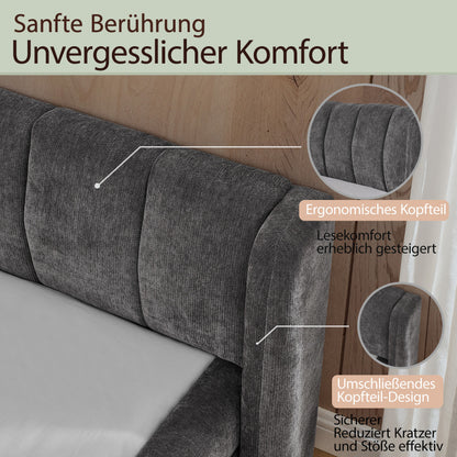 Doppelbett 140×200 cm, Chenille Stoff, komfortable Rückenlehne, robustes Eukalyptus und Eisengestell, einfach zu montieren, Dark Gray (ohne Matratze)